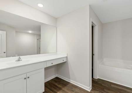 Burton bathroom with white vanity, makeup counter, and attached walk-in closet access