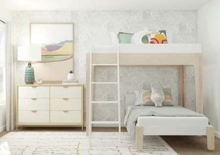 Rendering of bunk bedroom with cabinet
  space to the side of bunk beds and small window.