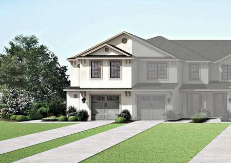 The Miranda floor plans exterior renderings to the far left of the image with a single car garage and extended driveway.