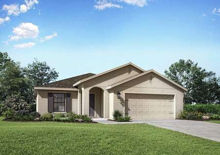 San Marino floor plan exterior view of the home with a two-car garage and a beautifully landscaped front yard.