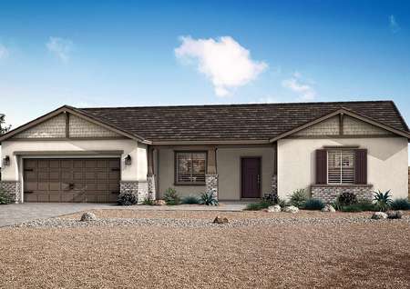 The Hermosa plan has a stucco exterior with brick detailing.