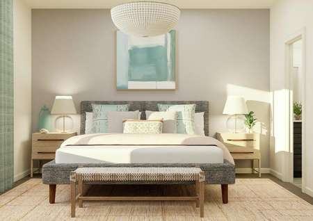 Rendering of the spacious master bedroom
  focused on the large bed between two nightstands. 