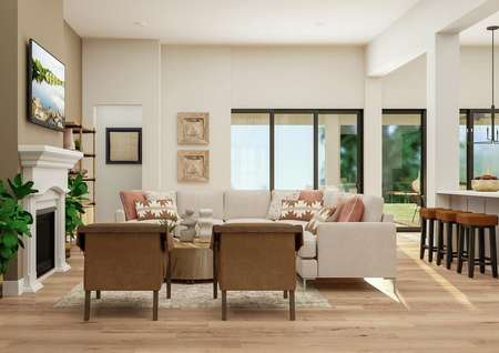 Rendering showing the large living room
  with sectional couch, coffee table, rug, two armchairs and sliding glass
  doors opening to the patio.