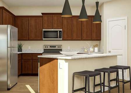 Rendering of the kitchen in the Jackson,
  showcasing brown cabinetry, granite countertops, stainless steel appliances
  and an angled island with three black stools.