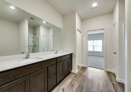 The master bath has a gorgeous dual sink vanity.