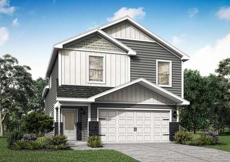 Artist rendering of the two-story Carver plan with gray and white siding and gray stone accents.