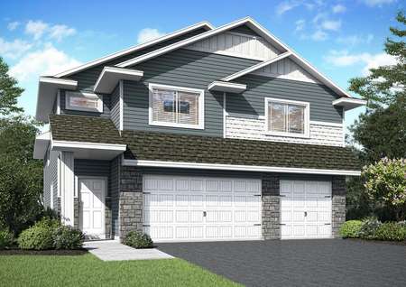 Artist rendering of the front elevation of the split-level St. Benedict plan by LGI Homes with blue-gray siding and white trim and doors.
