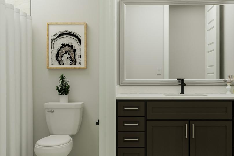 Rendering of a secondary bath with a
  brown cabinet vanity, toilet and shower behind a white shower curtain.
