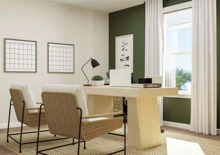 Rendering of a spacious bedroom decorated
  as an office. The room has a window and a green accent wall and is furnished
  with a desk, two armchairs and side tables.