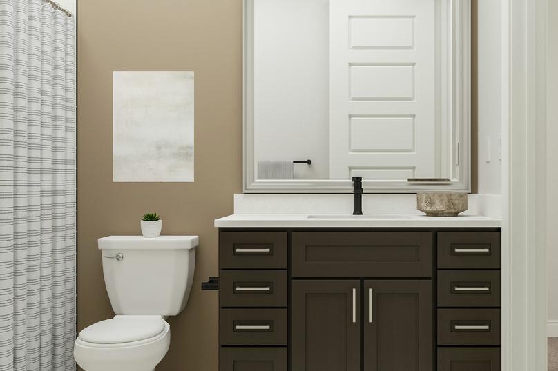 Rendering of a
  full bath with a brown cabinet vanity, toilet and shower hidden behind a
  striped shower curtain.