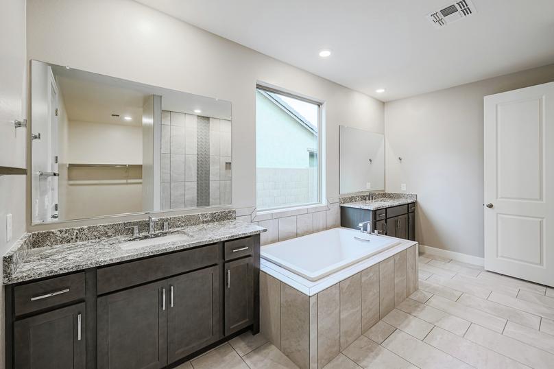 Master bathroom with dual vanities, dark wood cabinetry, bathtub, and granite countertops.