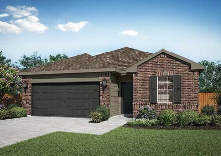 Rendering of the Maple plan with brick exterior, tan siding and dark window shutters.