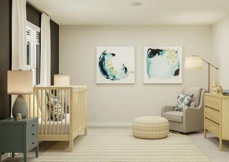Rendering of a nursery featuring a crib
  against the window and a dresser and armchair on the opposite wall.