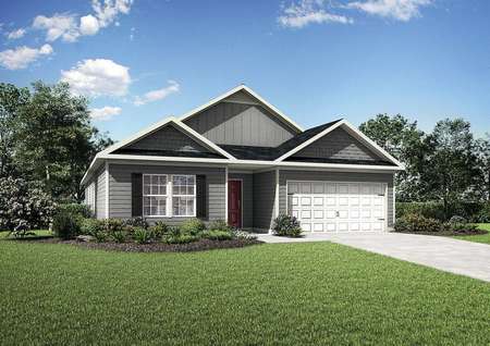 Burton front of house with grey siding, green lawn, and white carriage look garage door