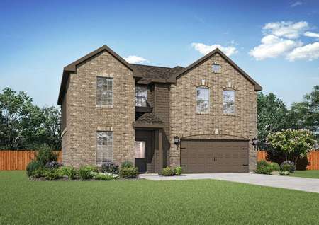 Ozark front view of two-story home with brick finish, brown garage door, and landscaped yard