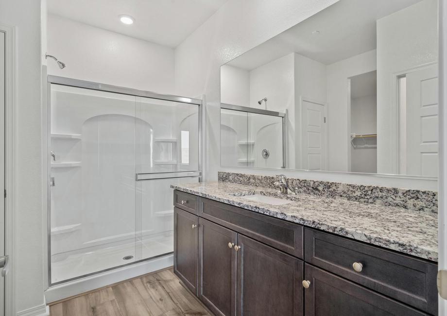 The master bathroom has a large vanity and a step in shower.