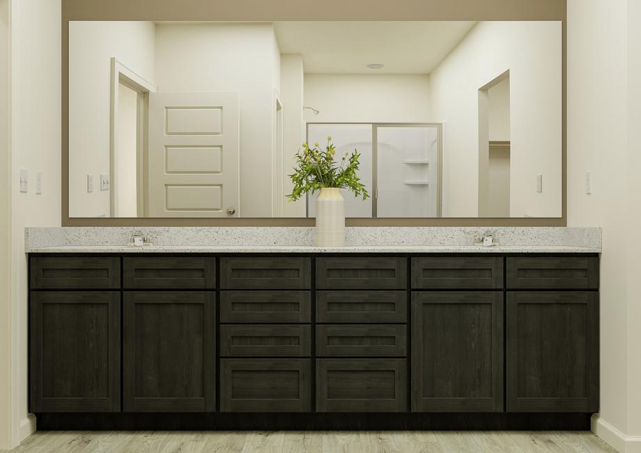 Rendering of the
  master bath focusing on the double-sink vanity with brown cabinetry. A large
  mirror reflects the walk-in shower.