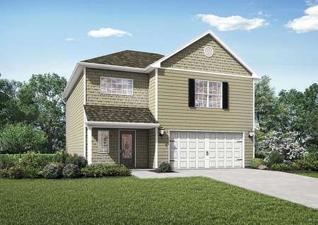 Ashburn completed house rendering with two stories, window shutters, and white accent paint and garage door