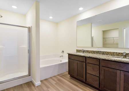 Master bathroom with step in shower and soaking tub