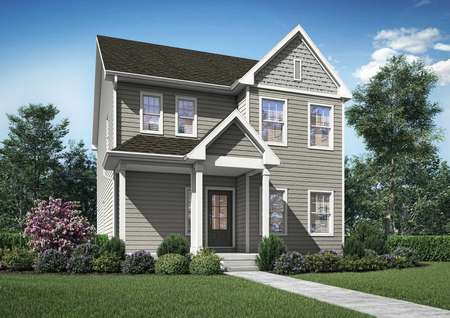 Artist rendering of 2-story Eustis home by LGI Homes, featuring a covered front porch, 6 windows, glass front door, taupe siding with shake shingle detail and white trim, no garage visible from front view.