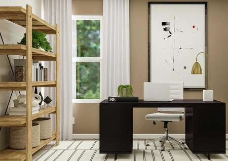 Rendering of an office looking towards
  the wall with the window. A desk sits in front of the window and bookshelves
  are against the wall to the left.