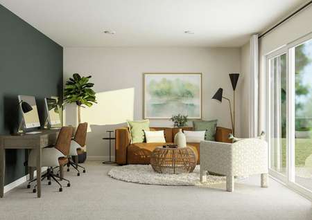 Rendering of the
  flex space in the Dogwood. It has a sliding glass door and carpeted flooring
  and has been furnished with a couch, armchair, coffee table and two
  side-by-side desks.