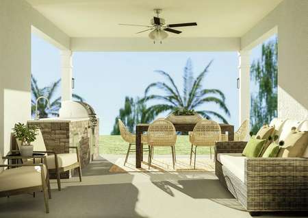 Rendering of backyard patio showing a
  built in grill and sink along the left side and outdoor furniture centered
  below a ceiling fan.