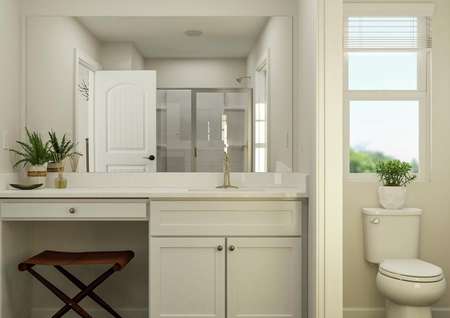 Rendering of the master bath focused on
  the sink with white cabinetry and makeup vanity. The toilet is visible on the
  other side of a wall partition. The shower is reflected in the mirror.
