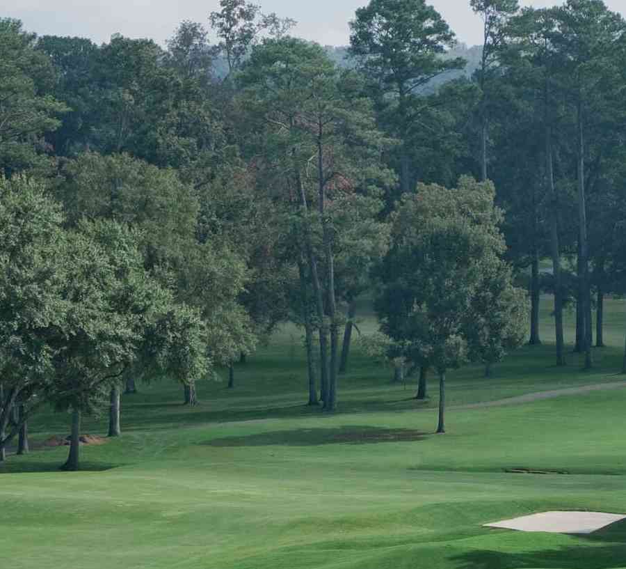 Birmingham, Alabama golf course with green grass fairways, white-sand sandtraps, and numerous trees full of leaves