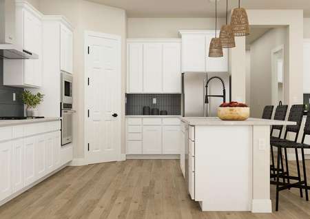 Rendering of the kitchen in the Primrose
  floor plan. The room has white cabinets, wood-look vinyl plank flooring,
  stainless steel appliances and a large island. 