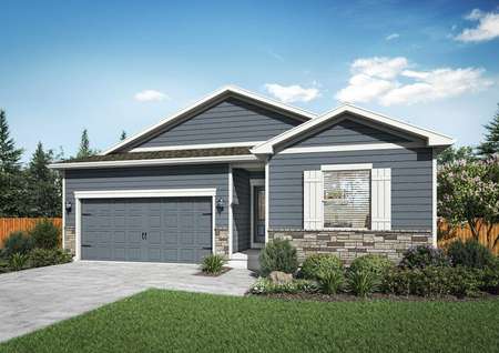 Chatfield new home renderings with gray siding, white accent paint and shutters, and landscape front yard