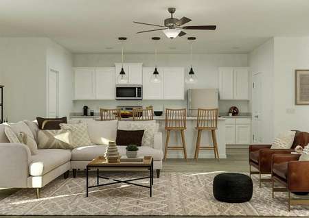 Rendering of the open floor plan of the
  Smithfield showing the living room and kitchen behind it. 