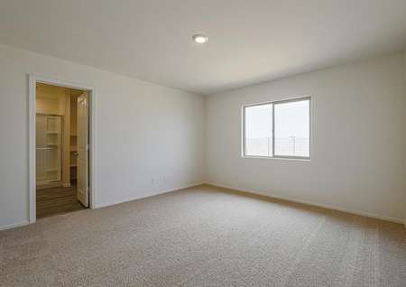Spacious master bedroom with tan carpet and large windows.