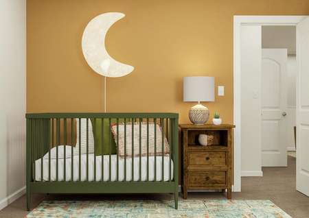Rendering of a nursery furnished with a
  crib, nightstand and moon-shaped light.