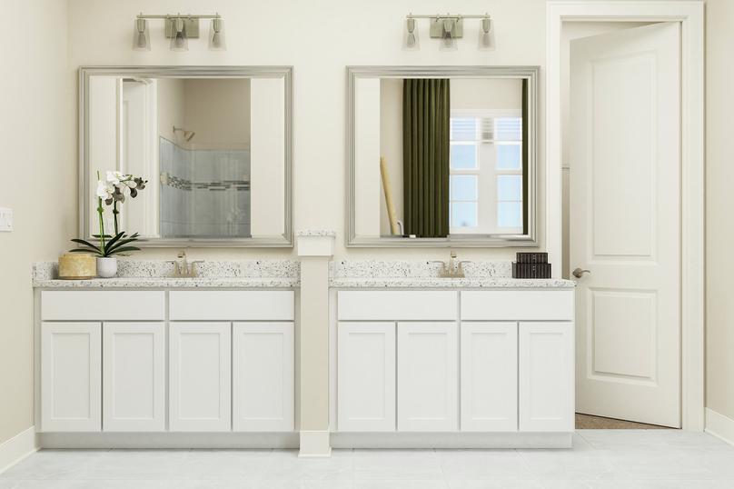 Rendering of spacious master bath showing
  a double sink vanity with white cabinetry and light fixtures and tile
  flooring throughout.
