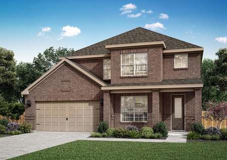 Artist illustration of the two-story Superior by LGI Homes with dark brown brick and light brown paint trim.