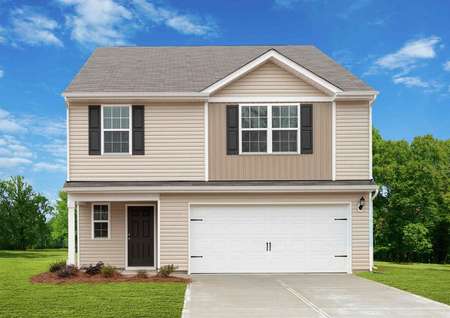 Fripp new home plan with two stories, white two-car garage, and lush landscaped yard