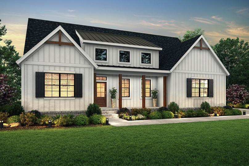 Dusk elevation of the single story Unicoi with white siding, dark shutters and wood accents.
