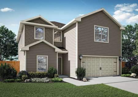 Rendering of the Driftwood plan with gray siding and shake siding.