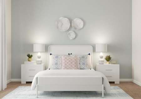 Rendering of a spacious bedroom with a
  light blue accent wall, white bed, two nightstands and a light-colored rug.
  One wall has a window and the other has a mirror.