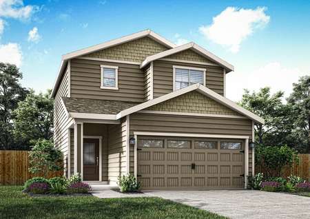 Artist rendering of the two-story Adams floor plan by LGI Homes in taupe siding with shake shingle detail and a 3/4 glass front door and windows on the garage door.