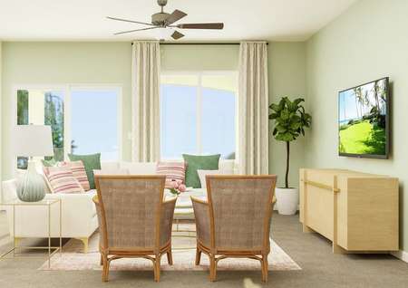 Spacious family room with chair and arm chairs