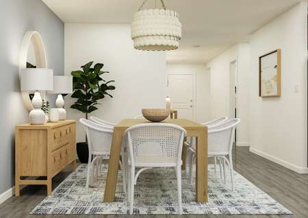 Rendering of the dining area featuring a
  large wood table, chairs, and a media cabinet along a grey accent wall with
  natural décor throughout.