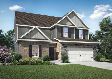 Rendering of a two-story home with stone, brick, siding and beautiful landscaping.