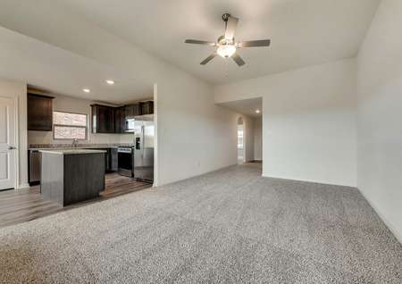 The kitchen is open to the family room in this popular plan.