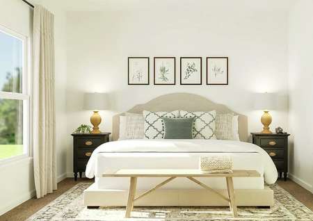 Rendering of owners bedroom with large
  bed, dual side tables, and window to the side.