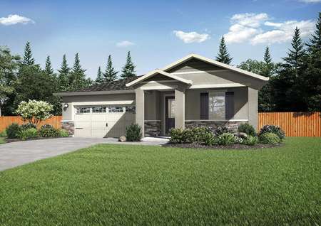Cooley exterior elevation with green landscaped lawn, two-tone paint finish, and a two-car garage door