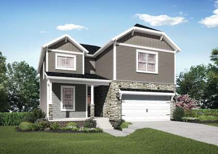 The Mid Atlantic Waverly rendering of a two story home with attached garage.