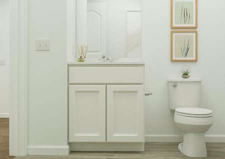Rendering of the full bath showing the
  white cabinet vanity adjacent to the toilet. Decorative artwork of plants
  hang above the toilet.