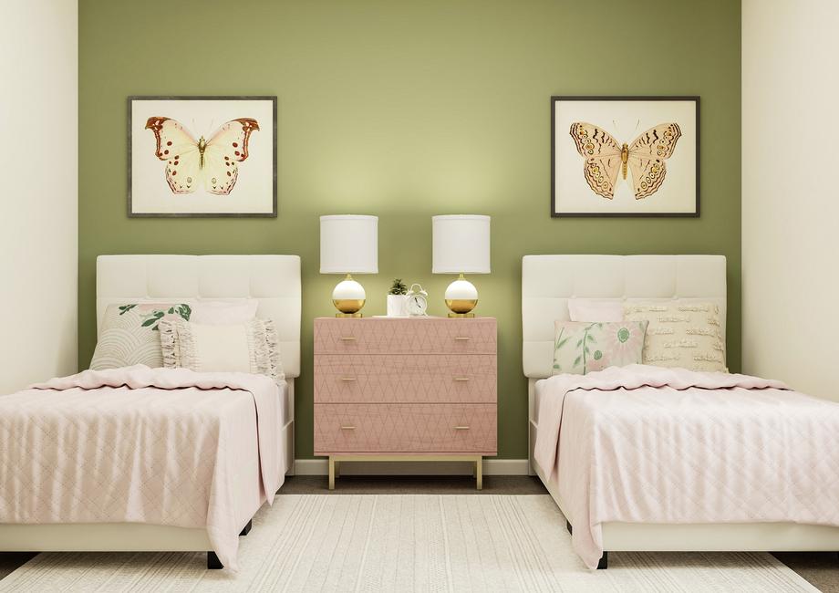 Kids bedroom with green accent wall and twin beds